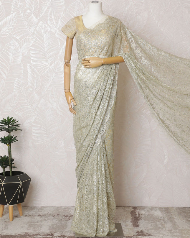 Majestic Gold French Chantilly Lace Saree - Handcrafted Stone Work, 110cm Width, 5.5M Piece-D18807