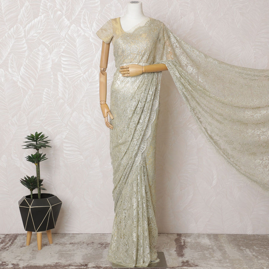 ساري دانتيل شانتيلي فرنسي ذهبي مهيب - عمل حجري يدويًا، عرض 110 سم، قطعة 5.5 متر -D18807