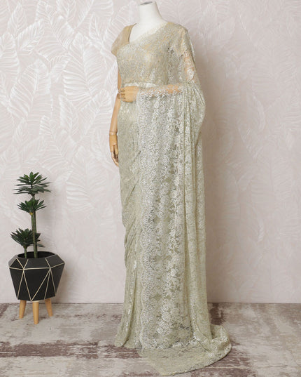 Majestic Gold French Chantilly Lace Saree - Handcrafted Stone Work, 110cm Width, 5.5M Piece-D18807