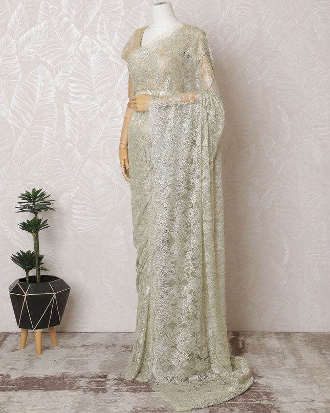 Majestic Gold French Chantilly Lace Saree - Handcrafted Stone Work, 110cm Width, 5.5M Piece-D18807
