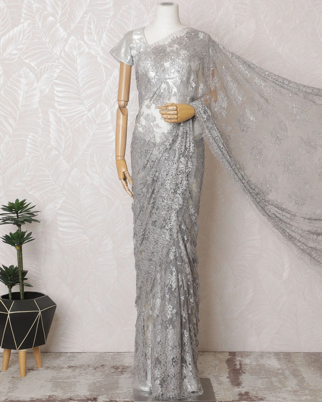 Sterling Silver French Chantilly Lace Saree with Elegant Stone Work - 110cm Width, 5.5M Piece-D18809