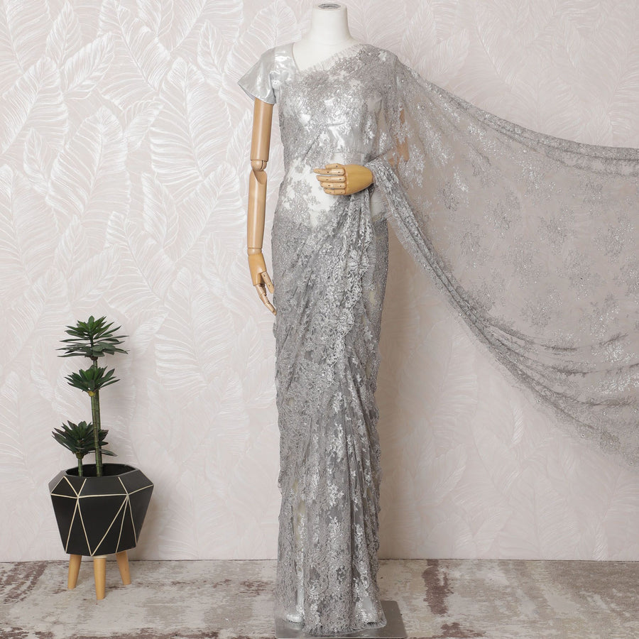 Sterling Silver French Chantilly Lace Saree with Elegant Stone Work - 110cm Width, 5.5M Piece-D18809 - Regal Fabrics