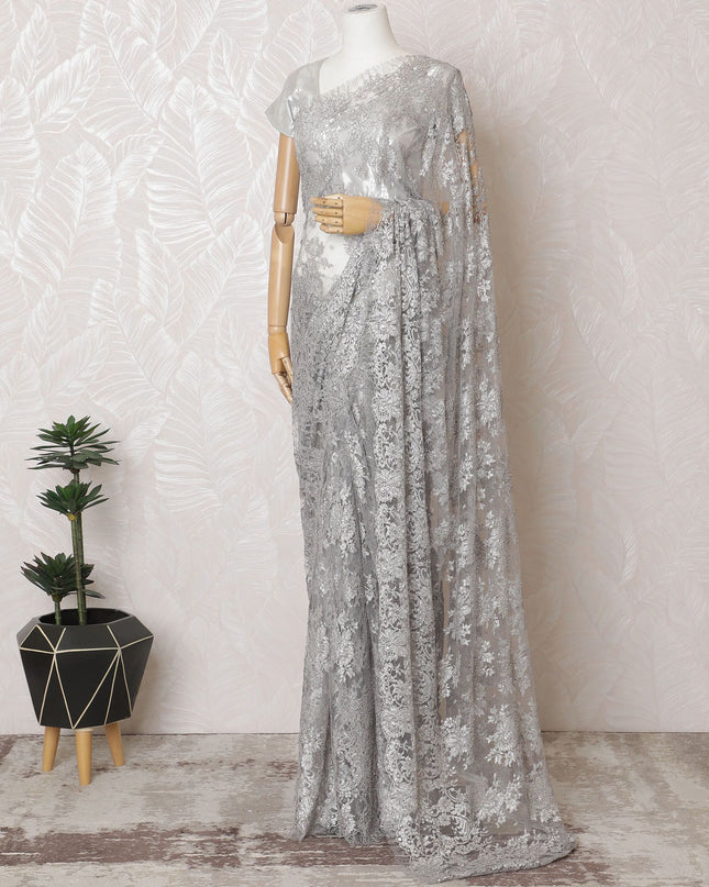 Sterling Silver French Chantilly Lace Saree with Elegant Stone Work - 110cm Width, 5.5M Piece-D18809