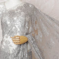 Sterling Silver French Chantilly Lace Saree with Elegant Stone Work - 110cm Width, 5.5M Piece-D18809 - Regal Fabrics