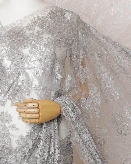 Sterling Silver French Chantilly Lace Saree with Elegant Stone Work - 110cm Width, 5.5M Piece-D18809 - Regal Fabrics