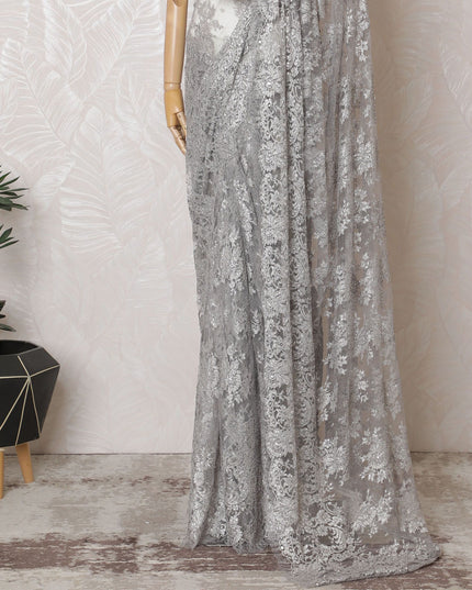 Sterling Silver French Chantilly Lace Saree with Elegant Stone Work - 110cm Width, 5.5M Piece-D18809 - Regal Fabrics