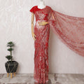 Ruby Red French Metallic Chantilly Lace Saree - Exquisite Stone Embellishments, 110cm Width, 5.5M Length-D18810