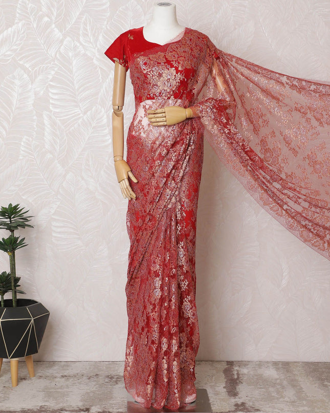 Ruby Red French Metallic Chantilly Lace Saree - Exquisite Stone Embellishments, 110cm Width, 5.5M Length-D18810