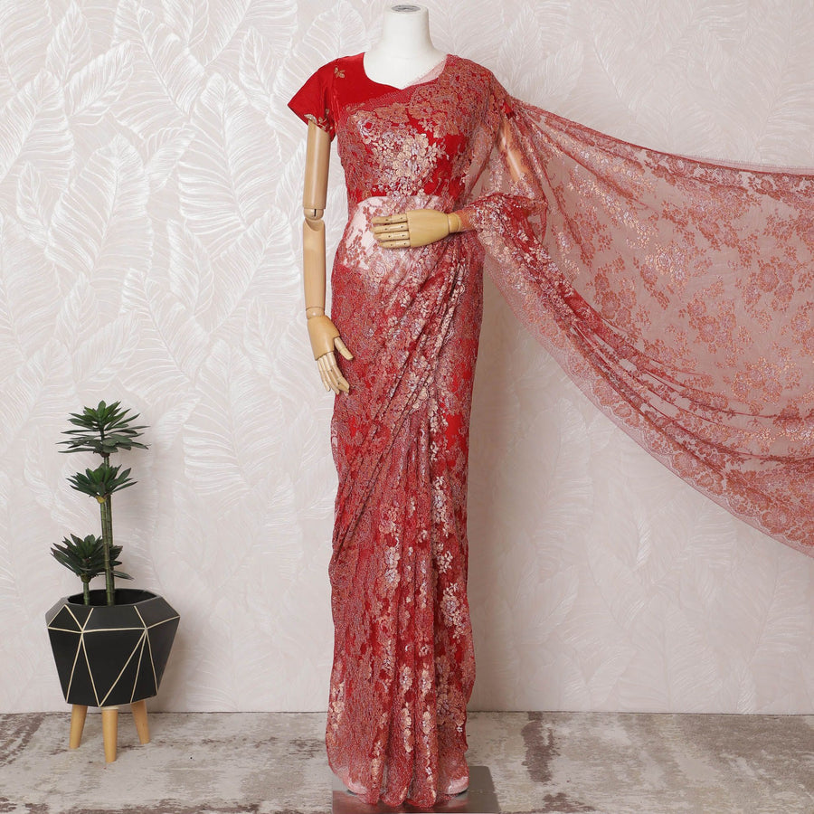 Ruby Red French Metallic Chantilly Lace Saree - Exquisite Stone Embellishments, 110cm Width, 5.5M Length-D18810