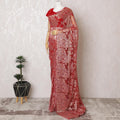 Ruby Red French Metallic Chantilly Lace Saree - Exquisite Stone Embellishments, 110cm Width, 5.5M Length-D18810