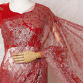 Ruby Red French Metallic Chantilly Lace Saree - Exquisite Stone Embellishments, 110cm Width, 5.5M Length-D18810