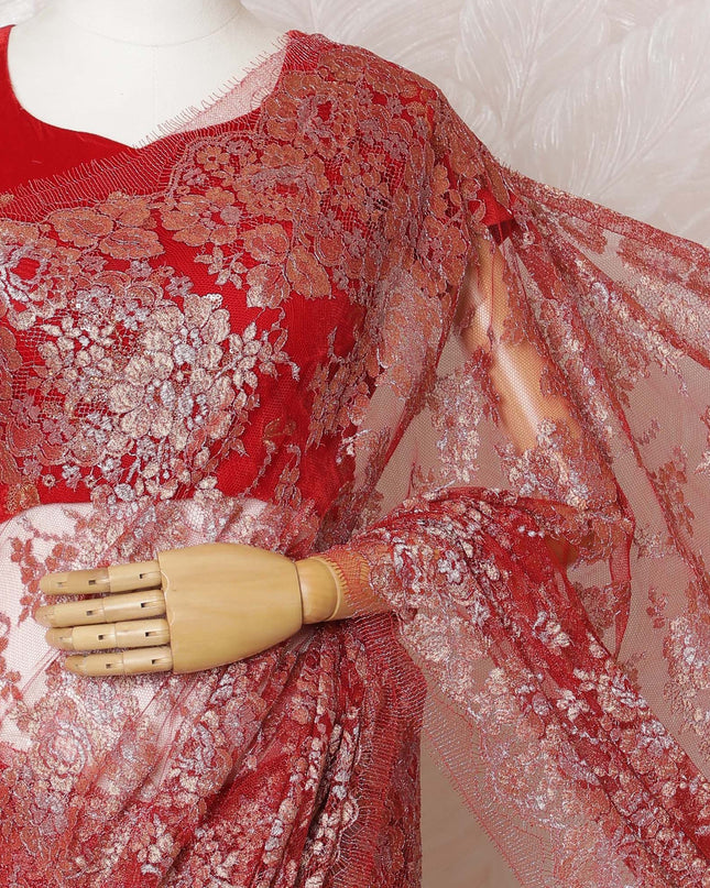 Ruby Red French Metallic Chantilly Lace Saree - Exquisite Stone Embellishments, 110cm Width, 5.5M Length-D18810
