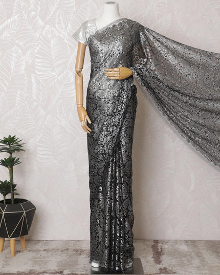 Charcoal Glamour French Metallic Chantilly Lace Saree with Stone Work - 110cm Width, 5.5M Length-D18811