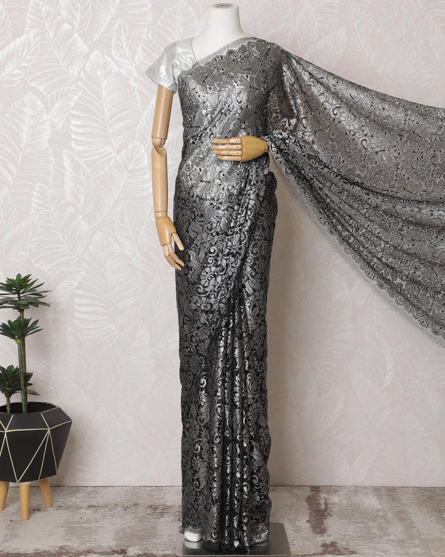Charcoal Glamour French Metallic Chantilly Lace Saree with Stone Work - 110cm Width, 5.5M Length-D18811
