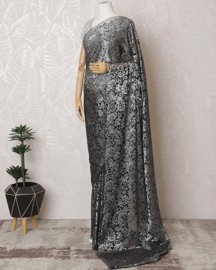 Charcoal Glamour French Metallic Chantilly Lace Saree with Stone Work - 110cm Width, 5.5M Length-D18811