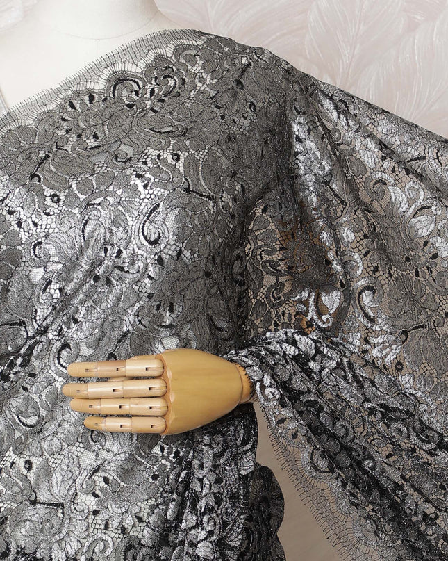 Charcoal Glamour French Metallic Chantilly Lace Saree with Stone Work - 110cm Width, 5.5M Length-D18811