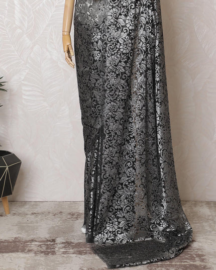 Charcoal Glamour French Metallic Chantilly Lace Saree with Stone Work - 110cm Width, 5.5M Length-D18811