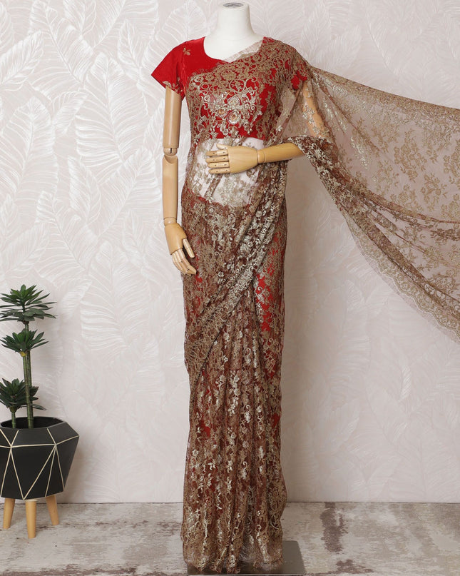 Bordeaux Brilliance French Metallic Chantilly Lace Saree with Stone Work - 110cm Width, 5.5M Length-D18812