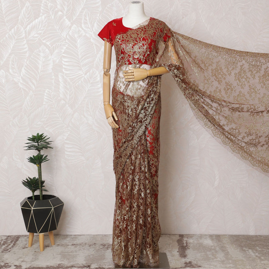 Bordeaux Brilliance French Metallic Chantilly Lace Saree - 110cm Width, 5.5M Length-D18812