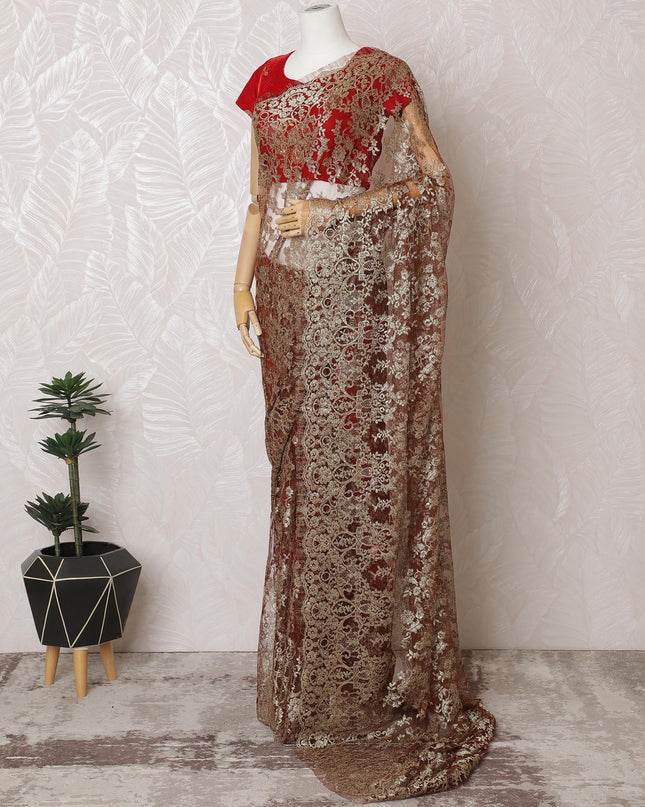 Bordeaux Brilliance French Metallic Chantilly Lace Saree with Stone Work - 110cm Width, 5.5M Length-D18812
