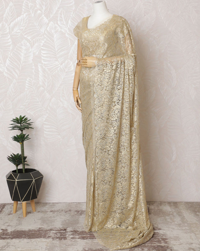 Golden Elegance French Metallic Chantilly Lace Saree - 110cm Width, 5.5M Length-D18813