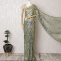 Olive Gold French Metallic Chantilly Lace Saree - Stone Work Detailing, 110cm Width, 5.5M Length-D18815 - Regal Fabrics