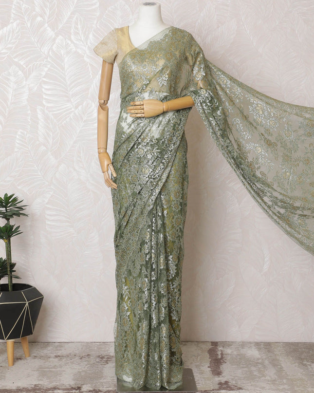 Olive Gold French Metallic Chantilly Lace Saree - Stone Work Detailing, 110cm Width, 5.5M Length-D18815