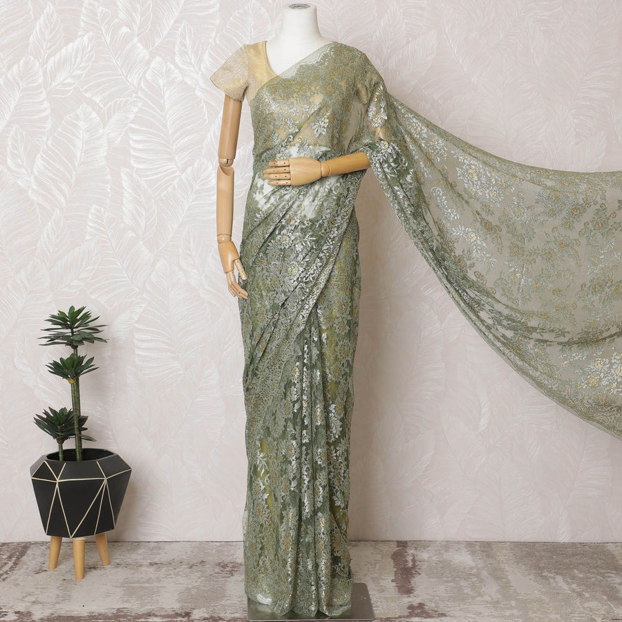 Olive Gold French Metallic Chantilly Lace Saree - Stone Work Detailing, 110cm Width, 5.5M Length-D18815 - Regal Fabrics