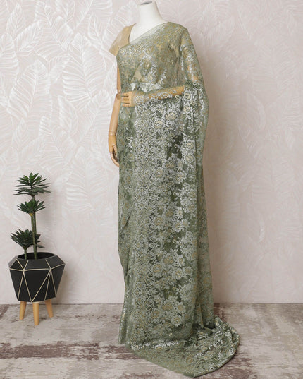 Olive Gold French Metallic Chantilly Lace Saree - Stone Work Detailing, 110cm Width, 5.5M Length-D18815 - Regal Fabrics