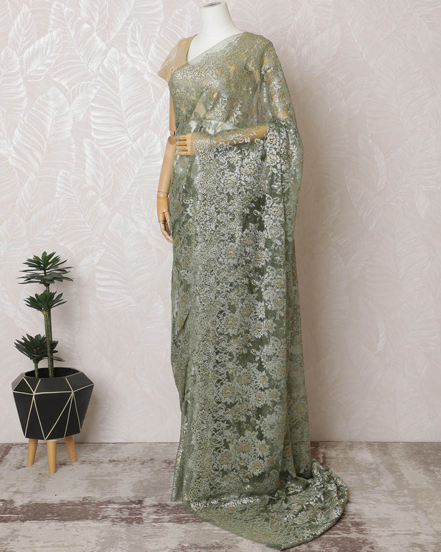Olive Gold French Metallic Chantilly Lace Saree - Stone Work Detailing, 110cm Width, 5.5M Length-D18815
