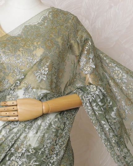 Olive Gold French Metallic Chantilly Lace Saree - Stone Work Detailing, 110cm Width, 5.5M Length-D18815 - Regal Fabrics