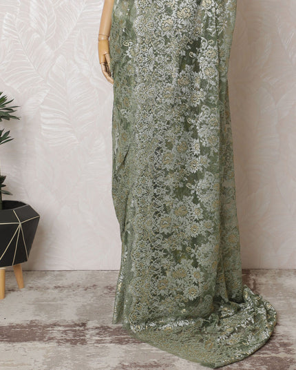 Olive Gold French Metallic Chantilly Lace Saree - Stone Work Detailing, 110cm Width, 5.5M Length-D18815 - Regal Fabrics