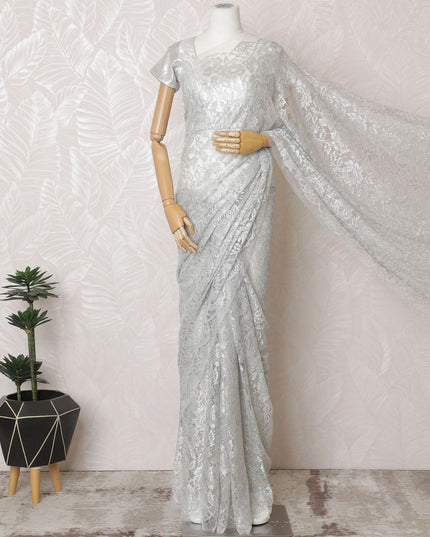 Moonlight Mist French Metallic Chantilly Lace Saree - Exquisite Stone Embellishments, 110cm Width, 5.5M Length-D18816 - Regal Fabrics