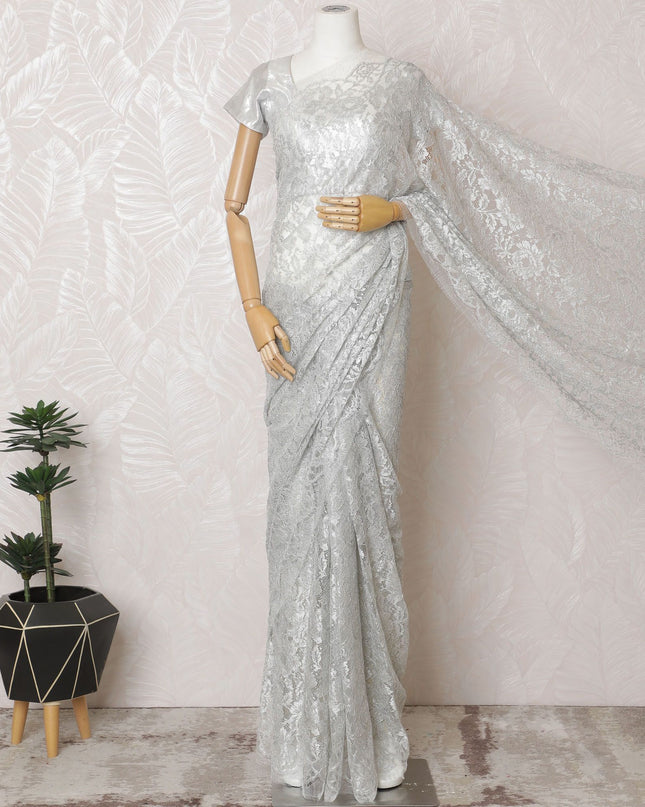 Moonlight Mist French Metallic Chantilly Lace Saree - Exquisite Stone Embellishments, 110cm Width, 5.5M Length-D18816