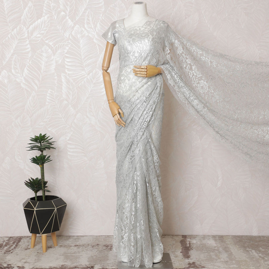 Moonlight Mist French Metallic Chantilly Lace Saree - Exquisite Stone Embellishments, 110cm Width, 5.5M Length-D18816 - Regal Fabrics