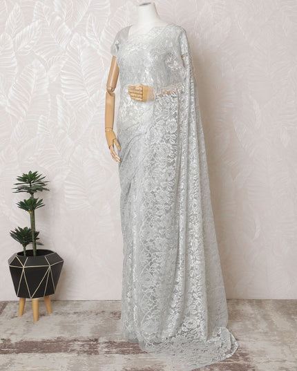 Moonlight Mist French Metallic Chantilly Lace Saree - Exquisite Stone Embellishments, 110cm Width, 5.5M Length-D18816 - Regal Fabrics
