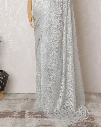 Moonlight Mist French Metallic Chantilly Lace Saree - Exquisite Stone Embellishments, 110cm Width, 5.5M Length-D18816 - Regal Fabrics