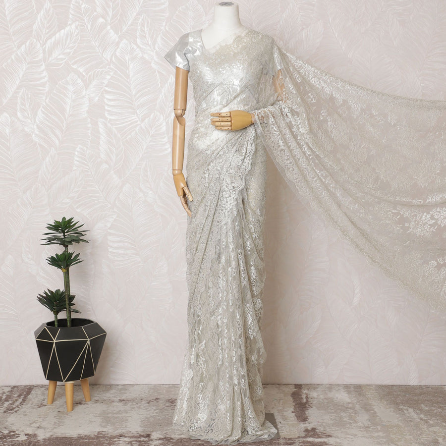 Platinum Grace French Metallic Chantilly Lace Saree - Stone Accents, 110cm Width, 5.5M Length-D18819