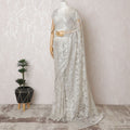Platinum Grace French Metallic Chantilly Lace Saree - Stone Accents, 110cm Width, 5.5M Length-D18819