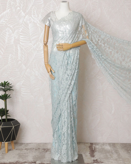 Serene Seafoam French Metallic Chantilly Lace Saree - 110cm Width, 5.5M Length-D18820 - Regal Fabrics