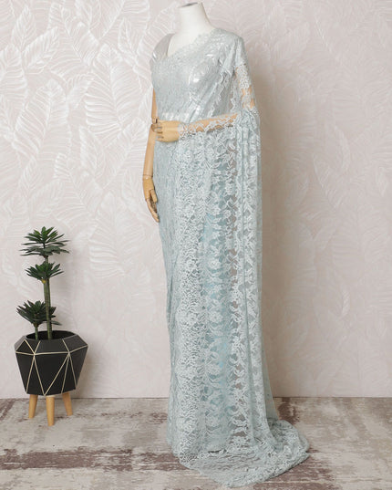 Serene Seafoam French Metallic Chantilly Lace Saree - 110cm Width, 5.5M Length-D18820 - Regal Fabrics