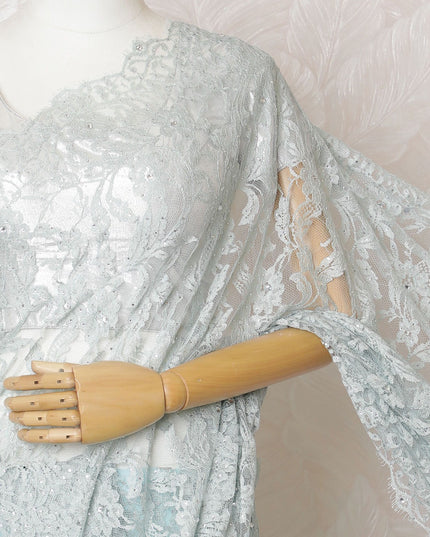 Serene Seafoam French Metallic Chantilly Lace Saree - 110cm Width, 5.5M Length-D18820 - Regal Fabrics