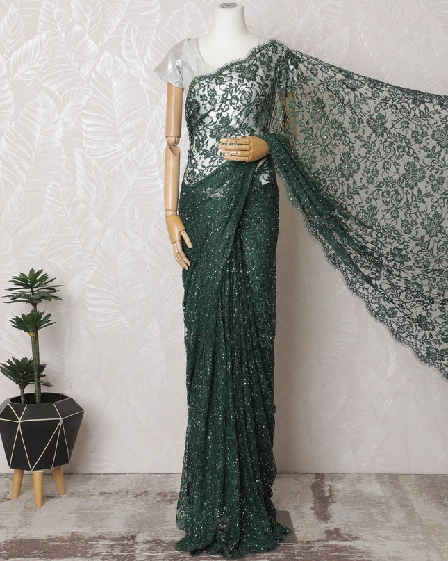 Emerald Enchantment French Chantilly Lace Saree - Stone Work, 110cm Width, 5.5M Length-D18821