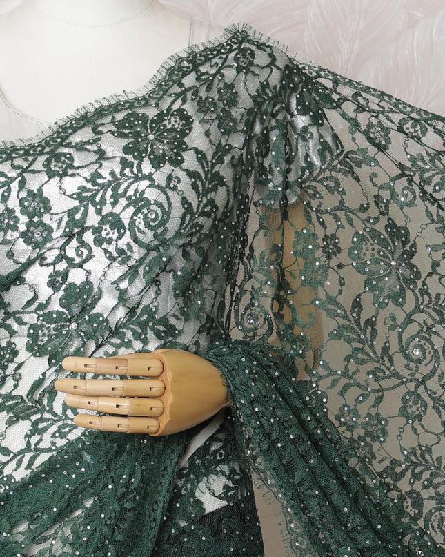 Emerald Enchantment French Chantilly Lace Saree - Stone Work, 110cm Width, 5.5M Length-D18821
