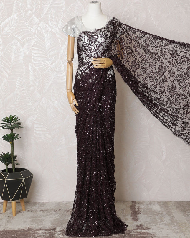 Cosmic Onyx French Chantilly Lace Saree with Stone Work - 110cm Width, 5.5M Length-D18824