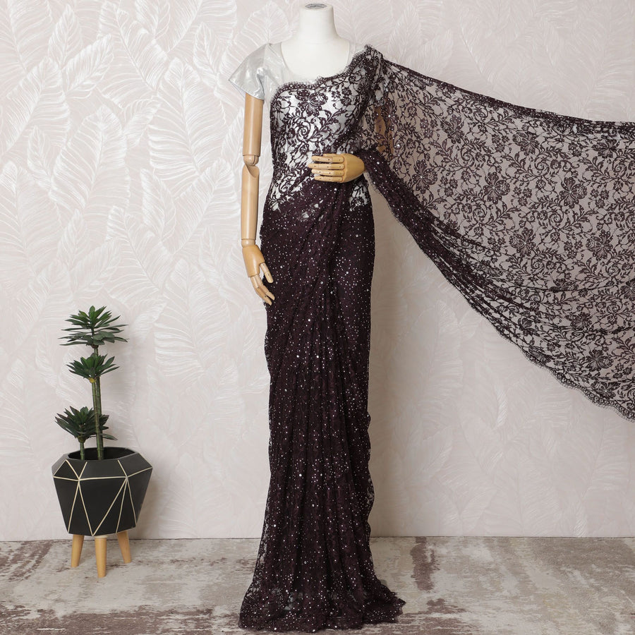 Cosmic Onyx French Chantilly Lace Saree with Stone Work - 110cm Width, 5.5M Length-D18824