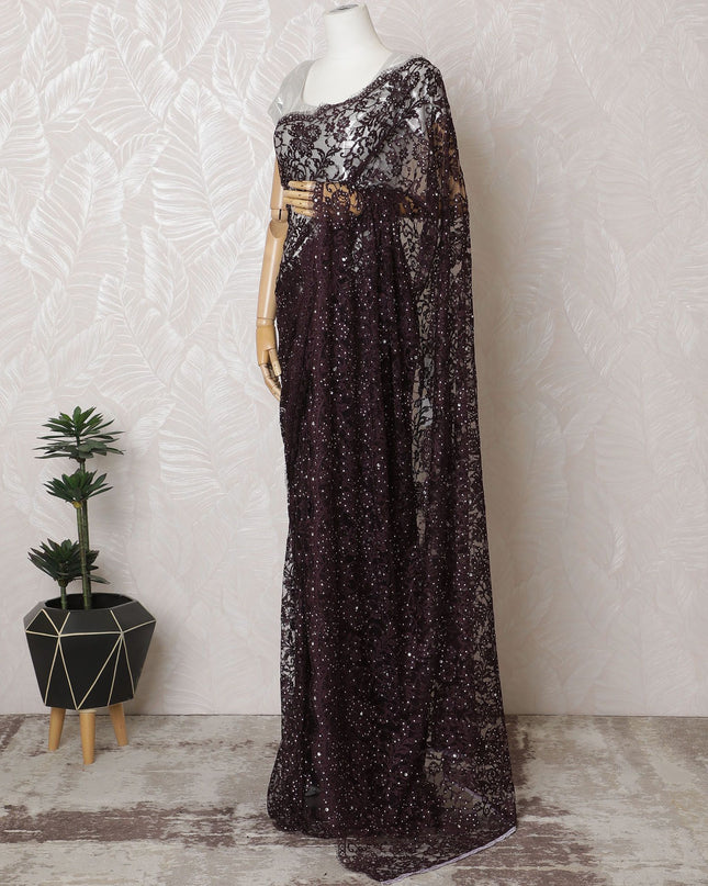 Cosmic Onyx French Chantilly Lace Saree with Stone Work - 110cm Width, 5.5M Length-D18824
