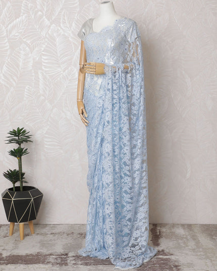 ساري دانتيل شانتيلي فرنسي أزرق سماوي مع أعمال حجرية - عرض 110 سم، طول 5.5 متر - D18827