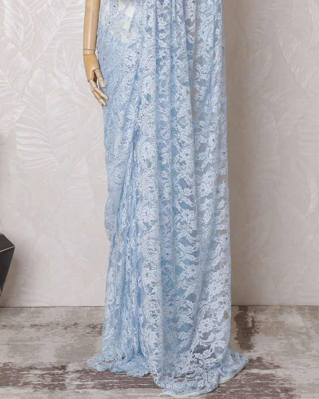 Celestial Blue French Chantilly Lace Saree with Stone Work - 110cm Width, 5.5M Length-D18827