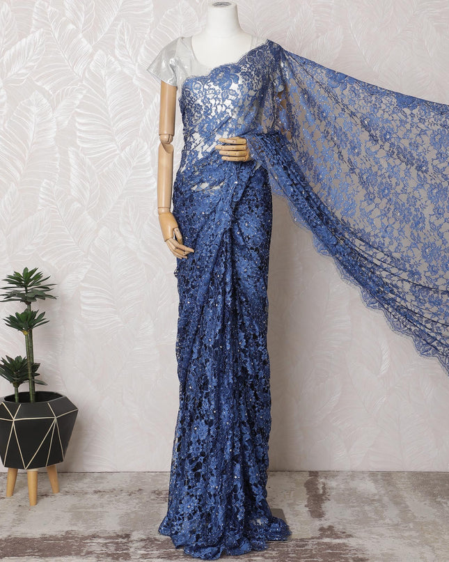 Midnight Sapphire French Two-Tone Chantilly Lace Saree with Stone Work - 110cm Width, 5.5M Length-D18829